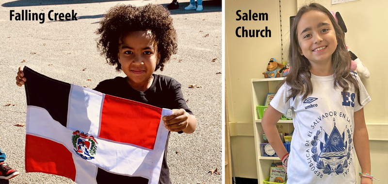 One student holidng flag, another smiling