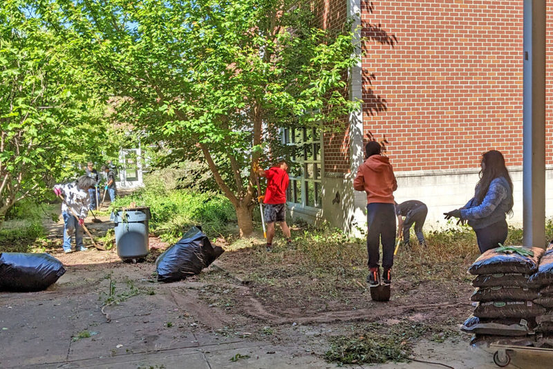 Students doing landscaping work