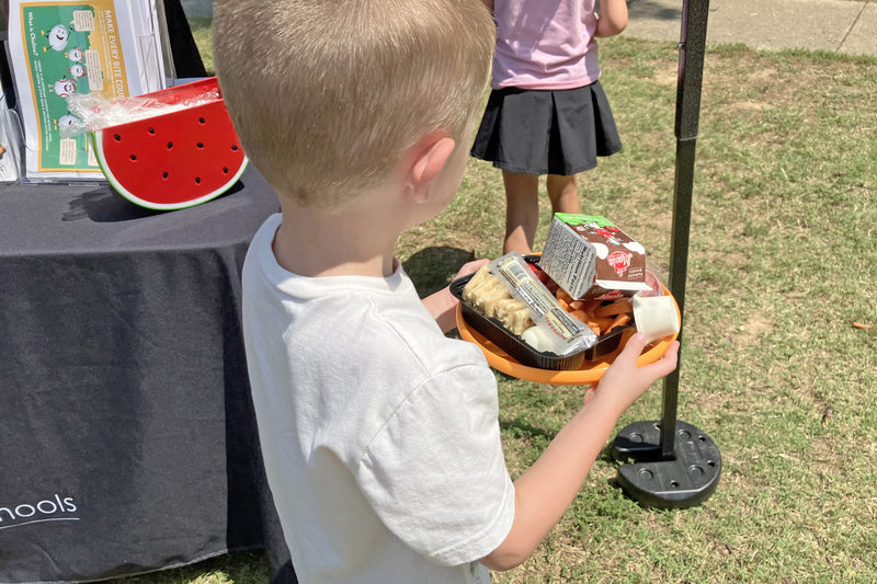 Child holding plate full of food