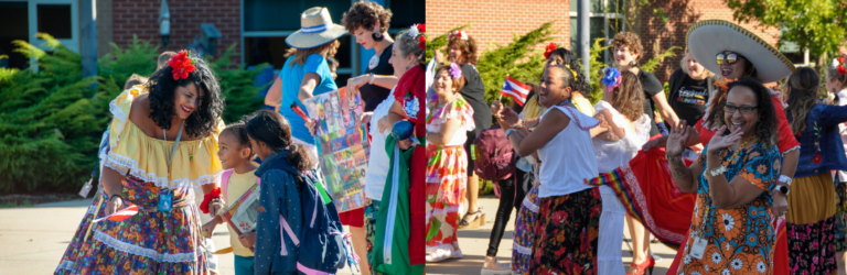 Staff and students celebrating in traditional hispanic clothing